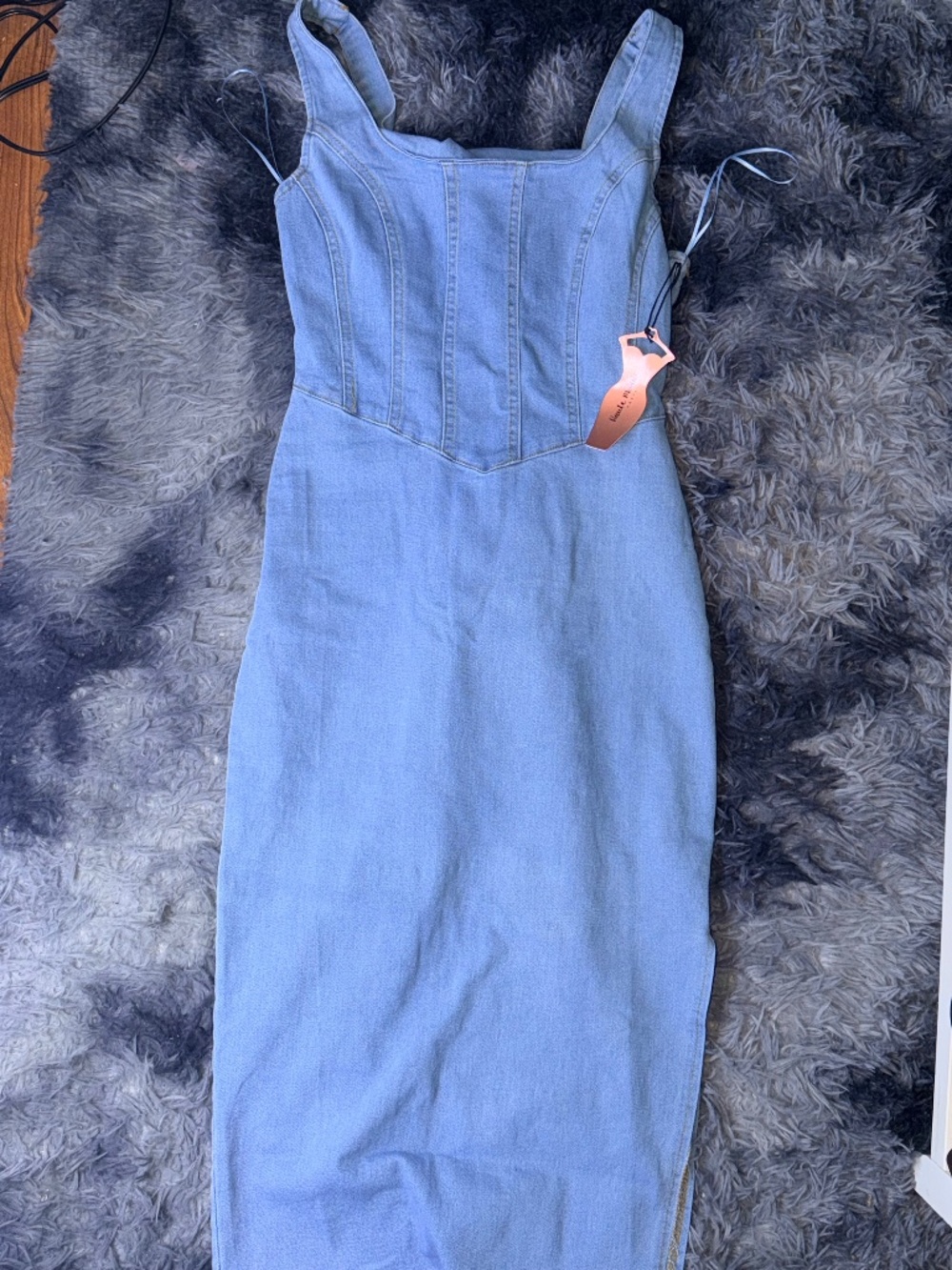 Light Blue Denim Midi Dress with Square Neck